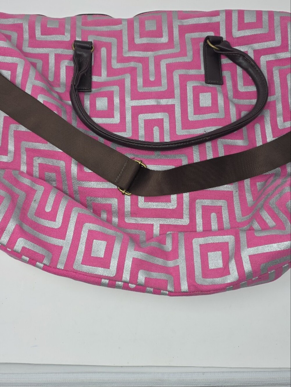 Lulu Dharma Pink Gray Geometric Weekender Duffel Bag
